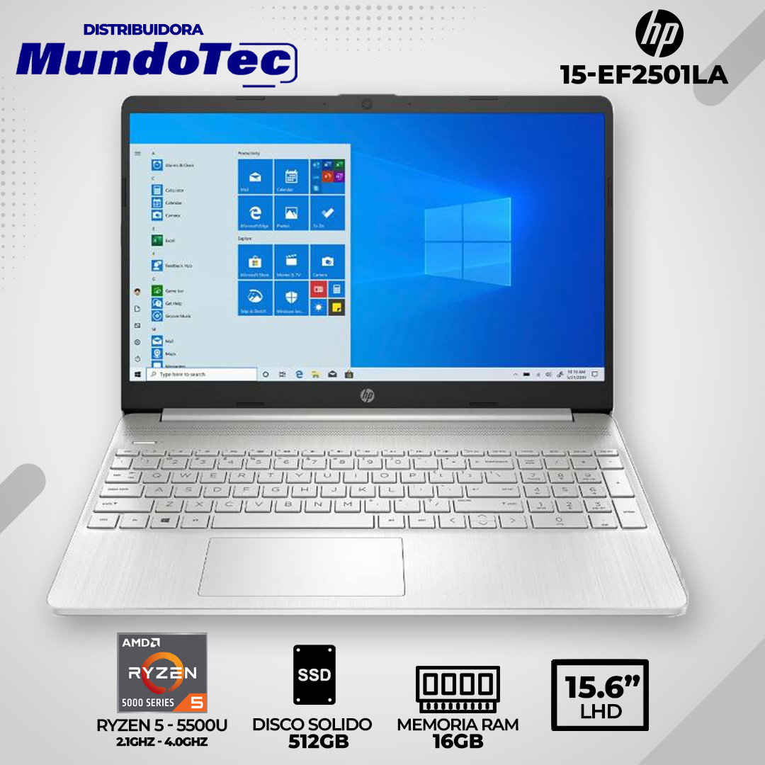 NB HP 15-EF2501LA R5 5500U 16GB 512GB SD 15.6  HD WIN11 PLATA 